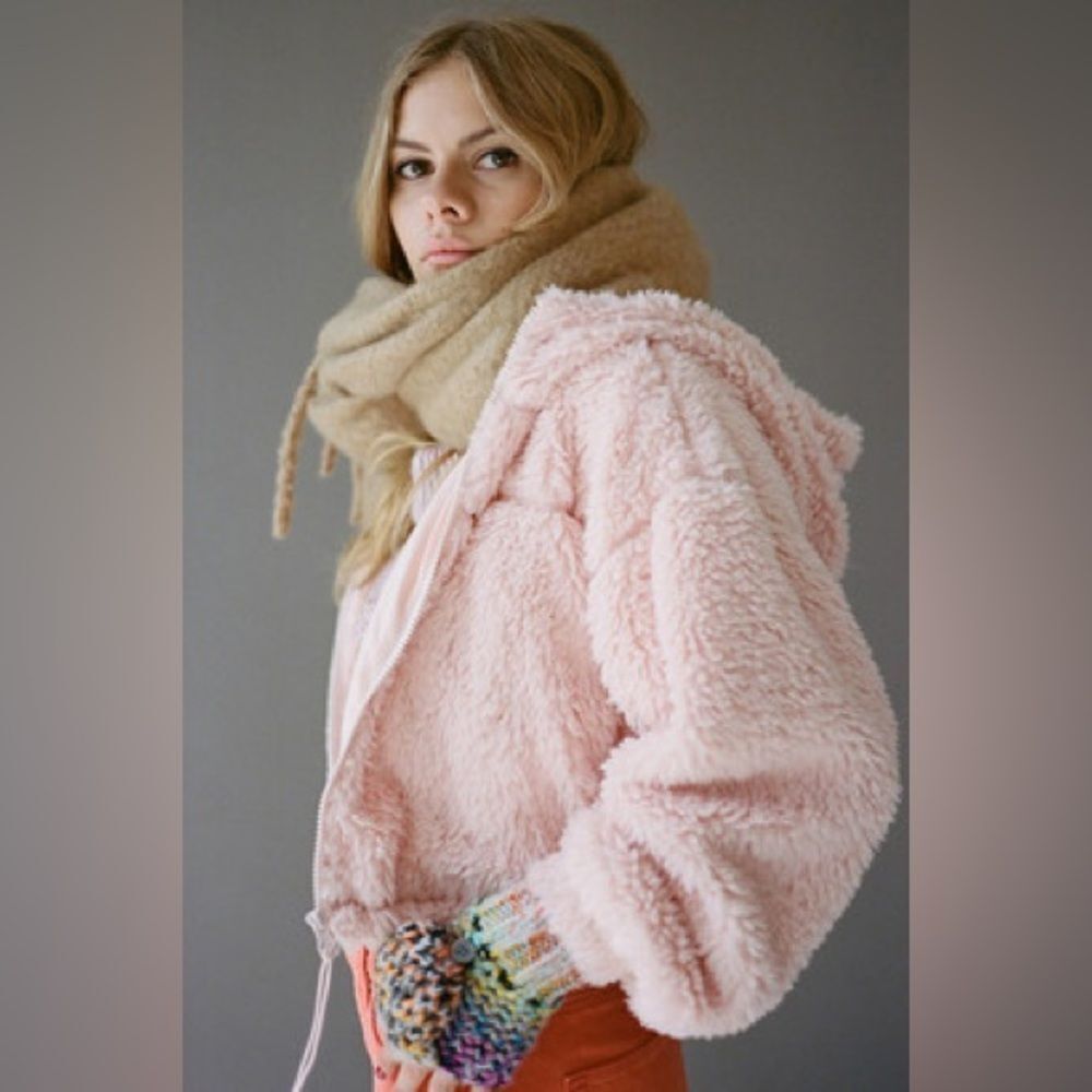 BDG Pink Hooded Cropped Teddy Jacket size M
